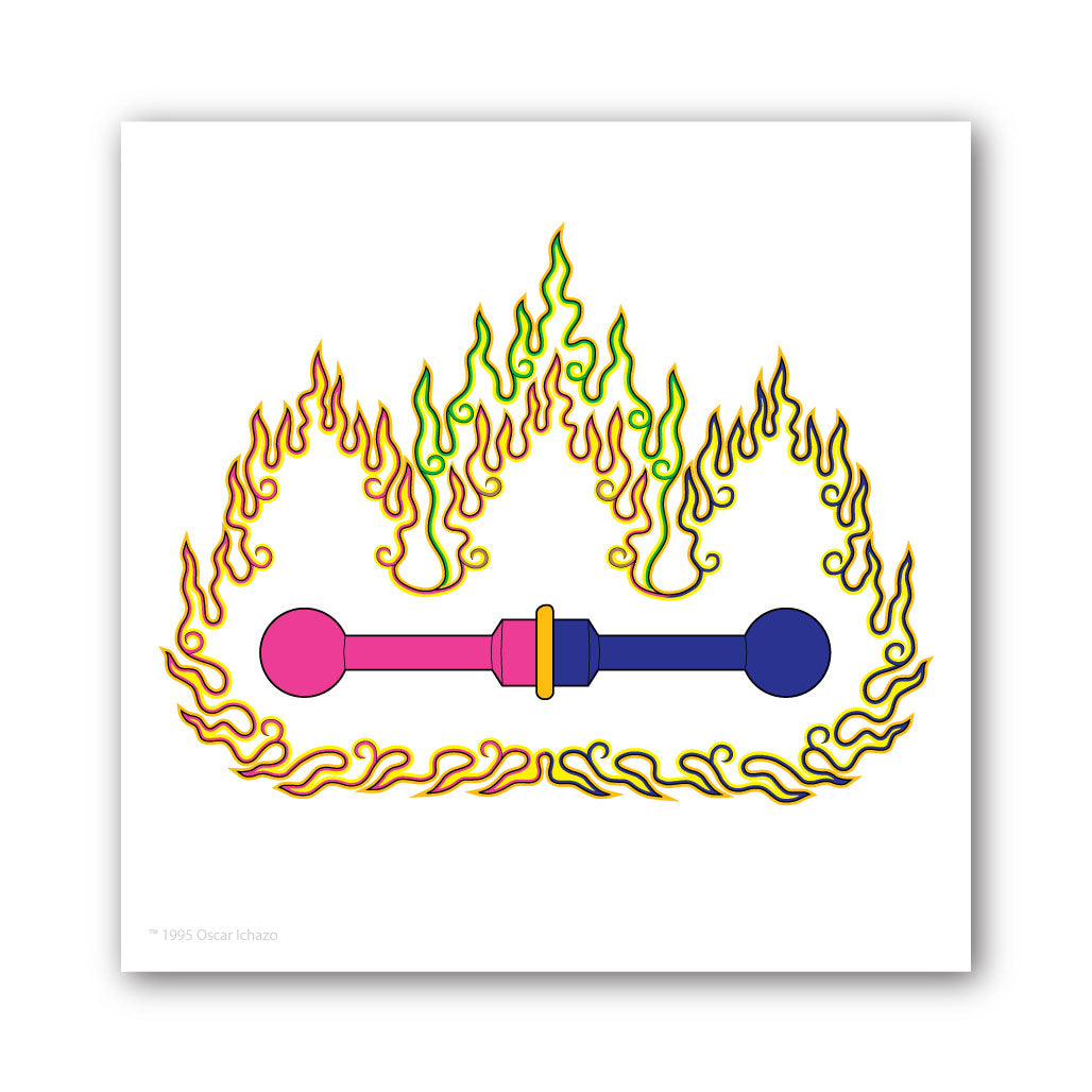 Image of a horizontal Equal with dark blue right side, magenta left side, gold center ring, all surrounded by an aura of colored flames.