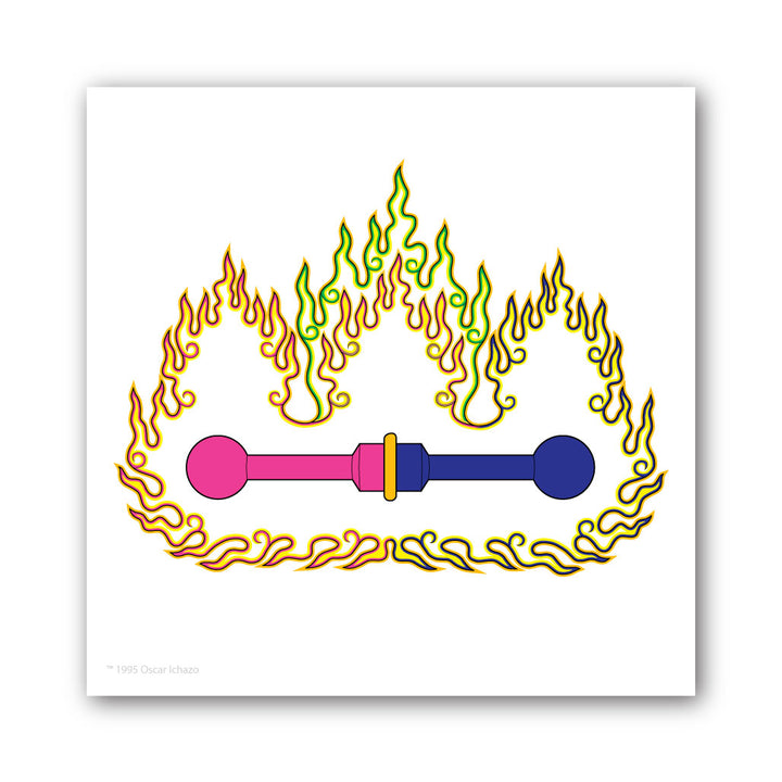 Image of a horizontal Equal with dark blue right side, magenta left side, gold center ring, all surrounded by an aura of colored flames.